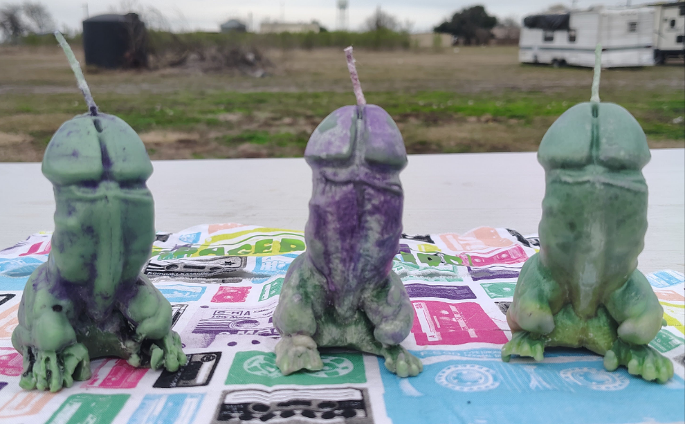 Dickkasaurus Rex Handcrafted Phallus/Dinosaur Hybrid Artisan Aromatherapy Candle Green + Purple