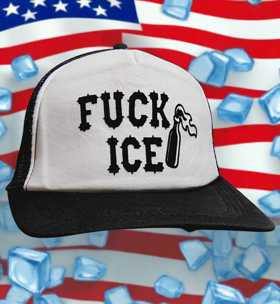 Fuck ICE Trucker Hat (Fuck I.C.E. Hat Fuck Trump Fuck MAGA) FUCK ICE w Molotov Cocktail